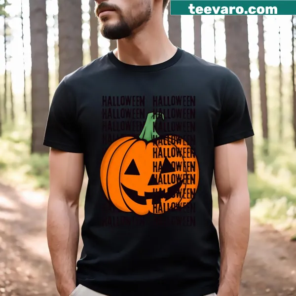 Cheerful pumpkin graphic on Halloween T-shirt