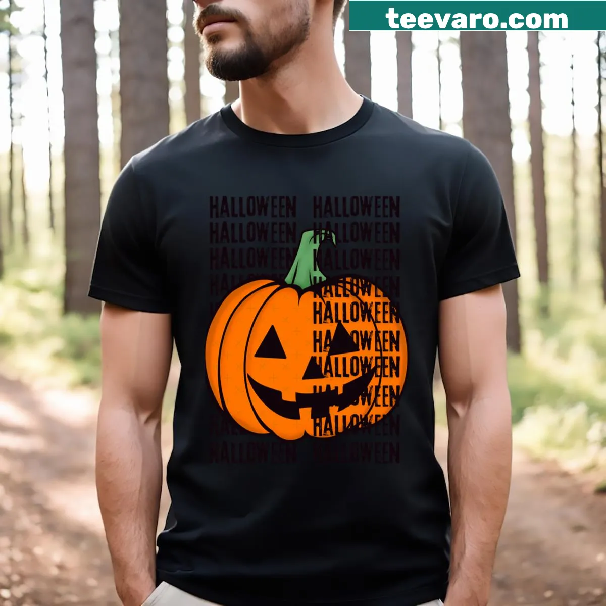 Cheerful pumpkin graphic on Halloween T-shirt — on a men's t-shirt