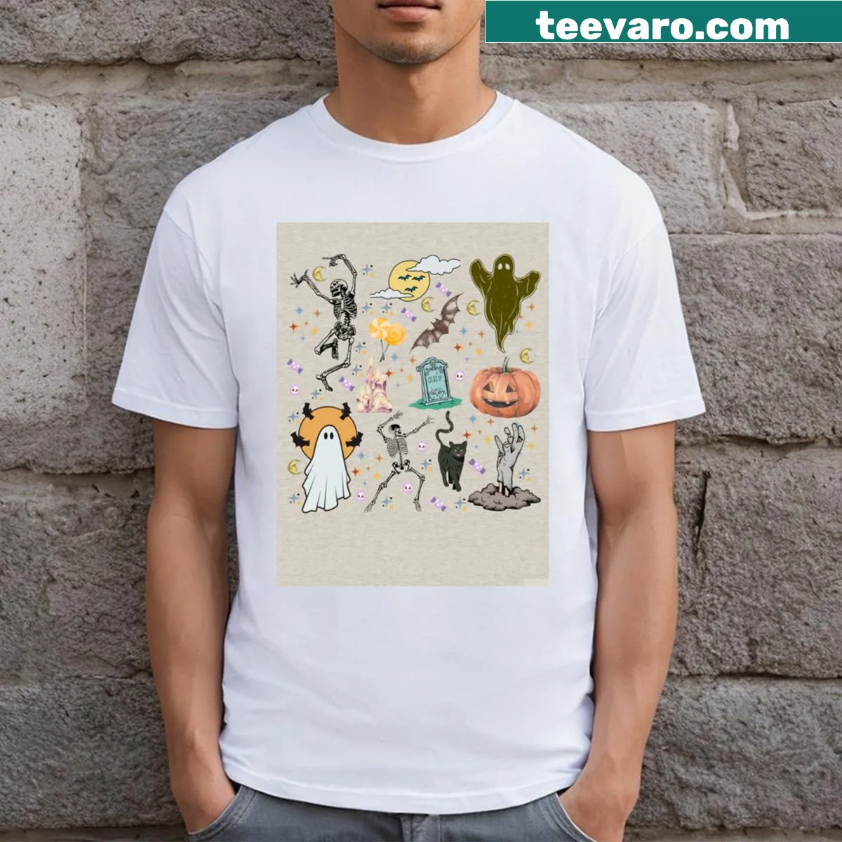 Diverse Halloween-themed graphic featuring skeleton and ghost on a t-shirt — on a men's t-shirt