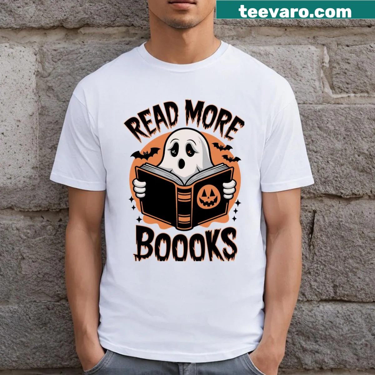Ghost reading books Halloween teacher T-shirt — on a men's t-shirt