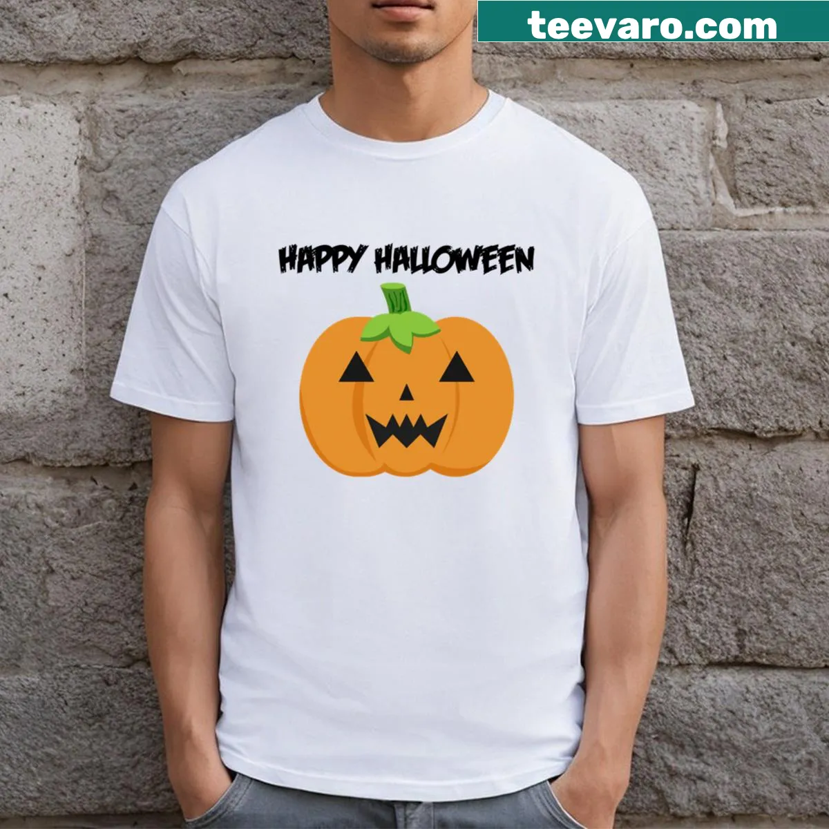 Cute evil pumpkin graphic on Happy Halloween T-shirt — on a men's t-shirt