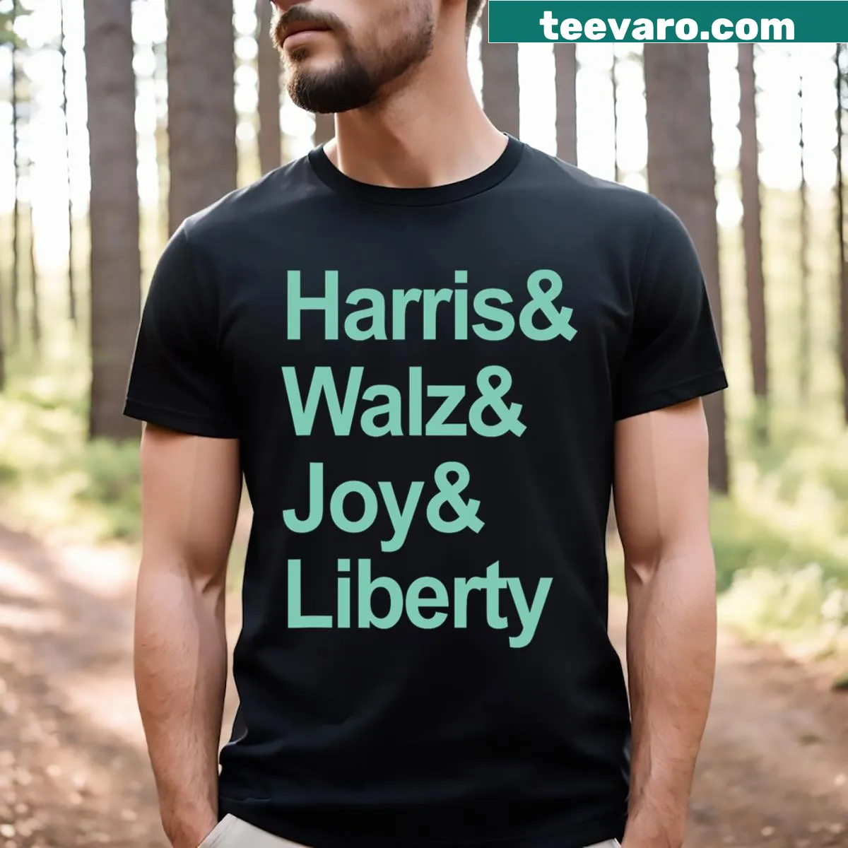 Patriotic T-shirt featuring names with themes of joy and liberty — on a men's t-shirt