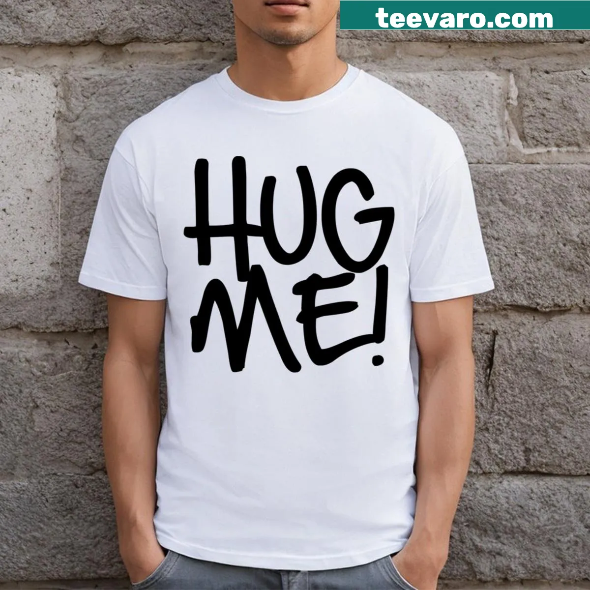 Cute 'Hug Me!' text graphic on black T-shirt — on a men's t-shirt