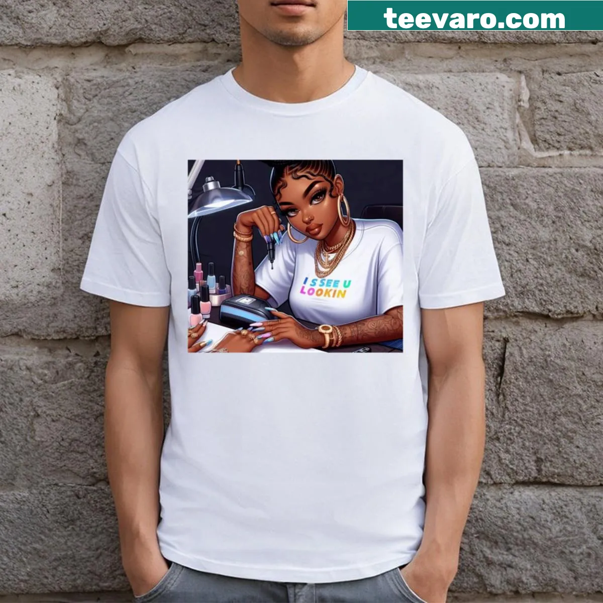 Playful T-shirt with 'I See You Looking' text — on a men's t-shirt