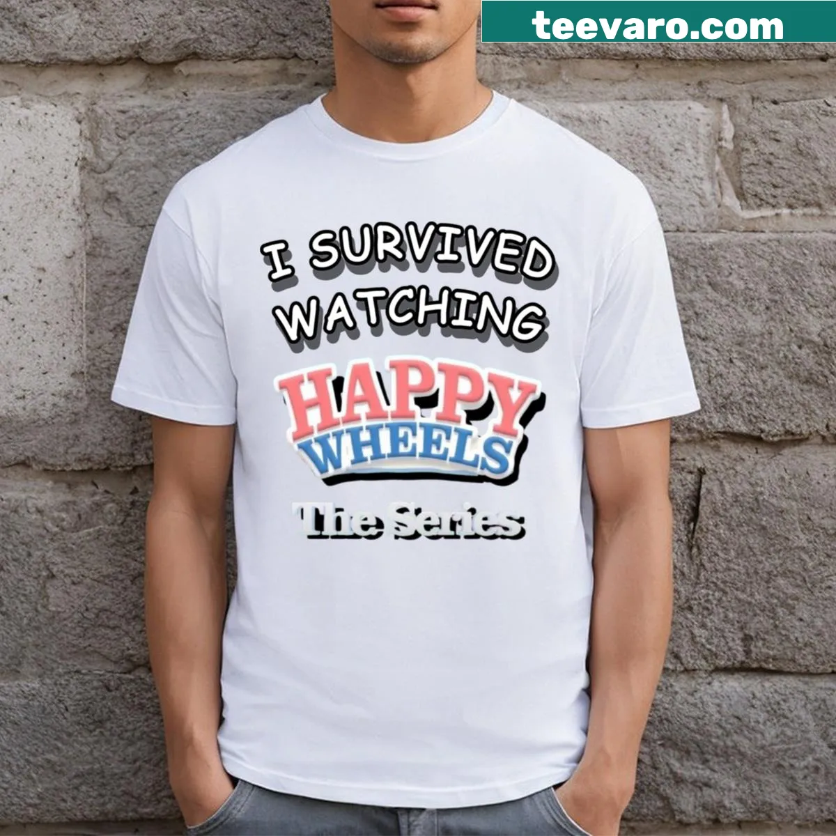 I Survived The Happy Wheels TV Show t-shirt with bold text — on a men's t-shirt