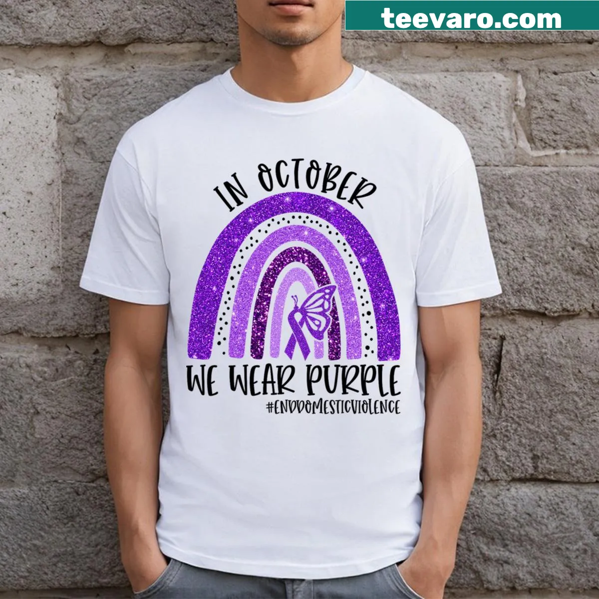 T-shirt featuring a rainbow design and message to end domestic violence — on a men's t-shirt