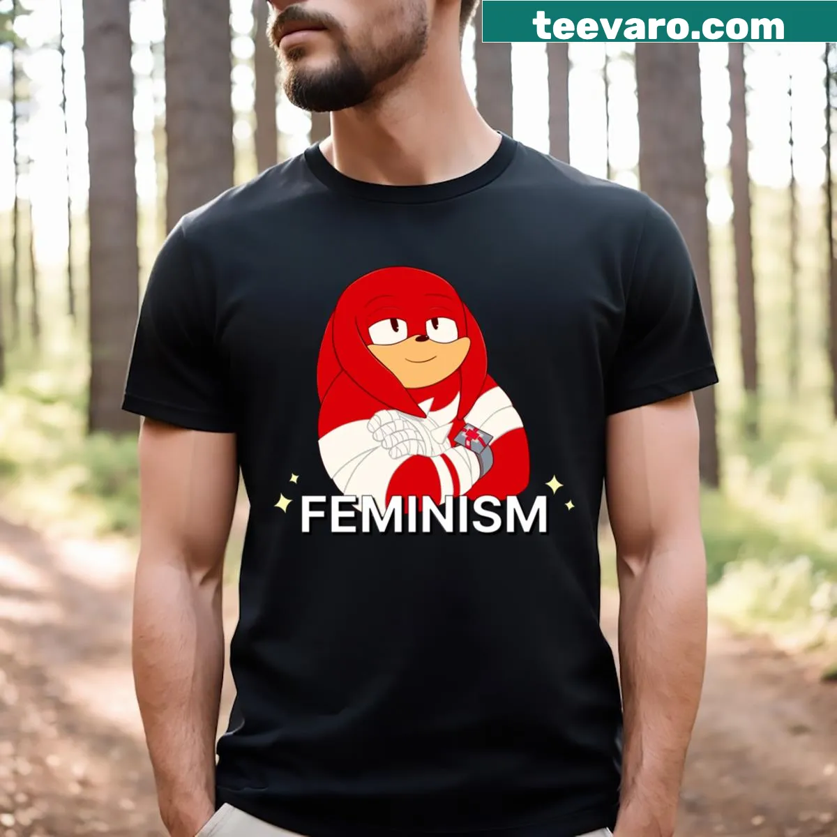 Knuckles character graphic with the word 'Feminism' in bold text — on a men's t-shirt