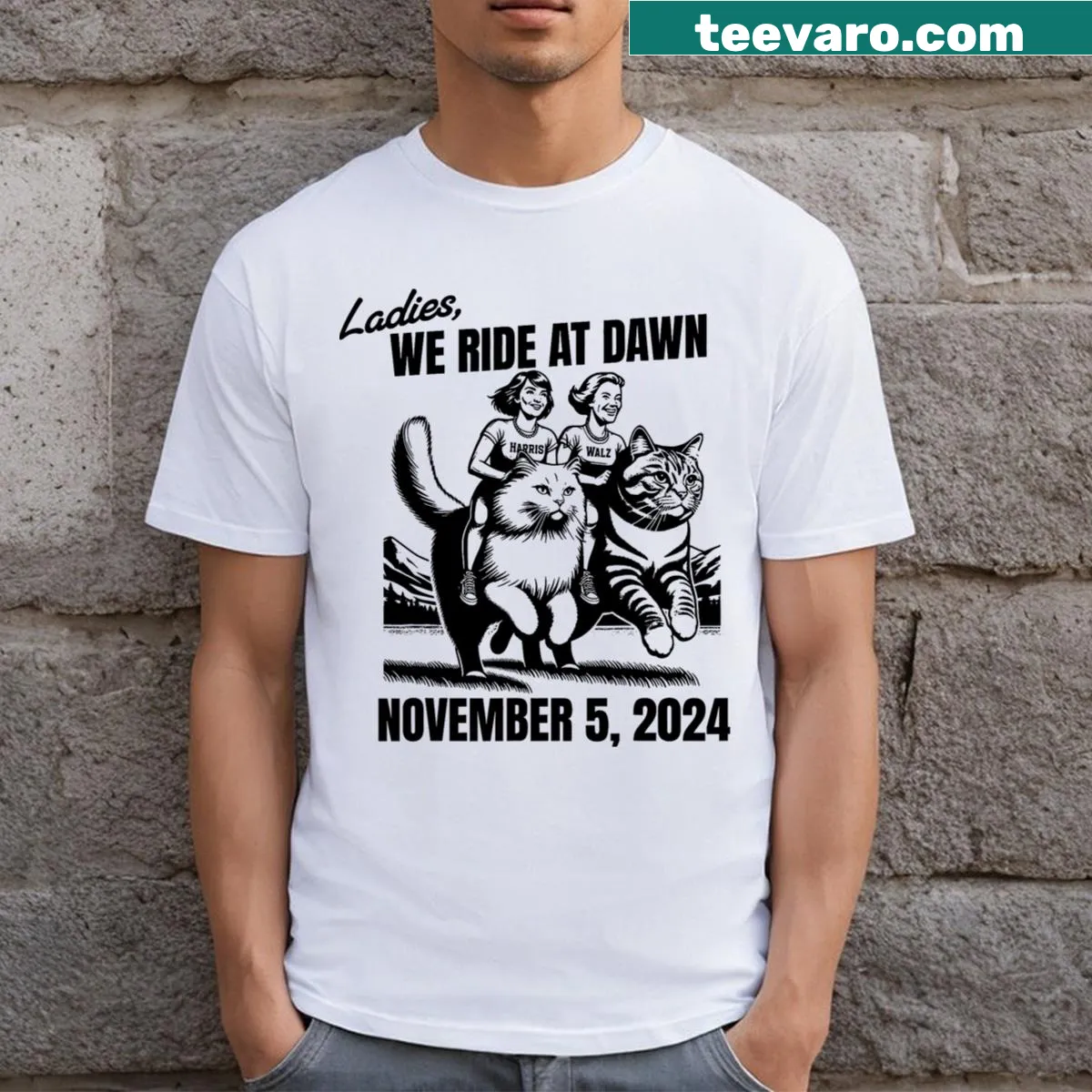T-shirt with humorous phrase 'Ladies We Ride At Dawn' for cat lovers — on a men's t-shirt