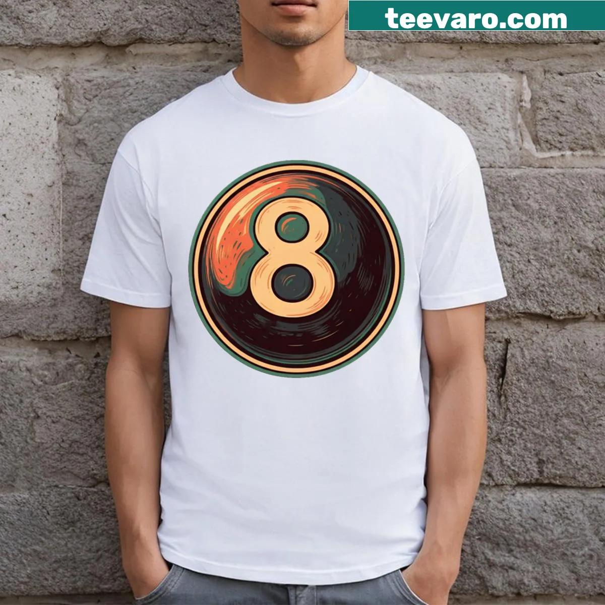 Minimalist T-shirt featuring a simple 8 ball graphic — on a men's t-shirt