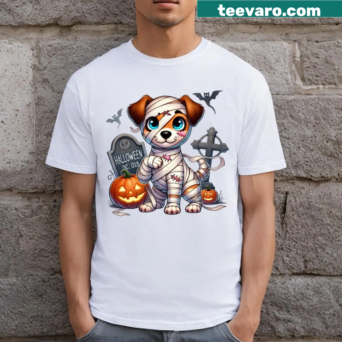 Cartoon dog wrapped in bandages for Halloween design — on a men's t-shirt