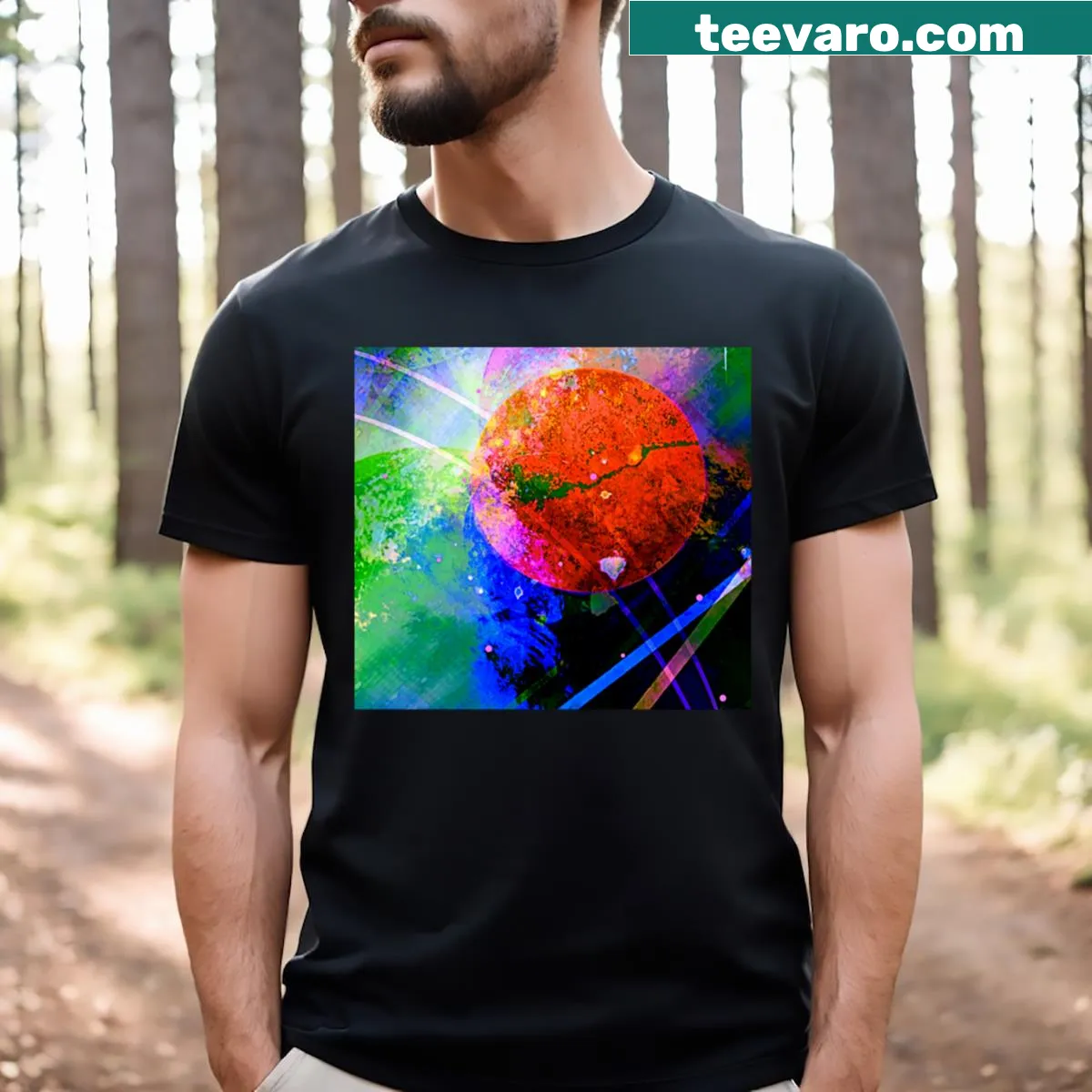 Minimalist graphic t-shirt featuring a red planet design — on a men's t-shirt