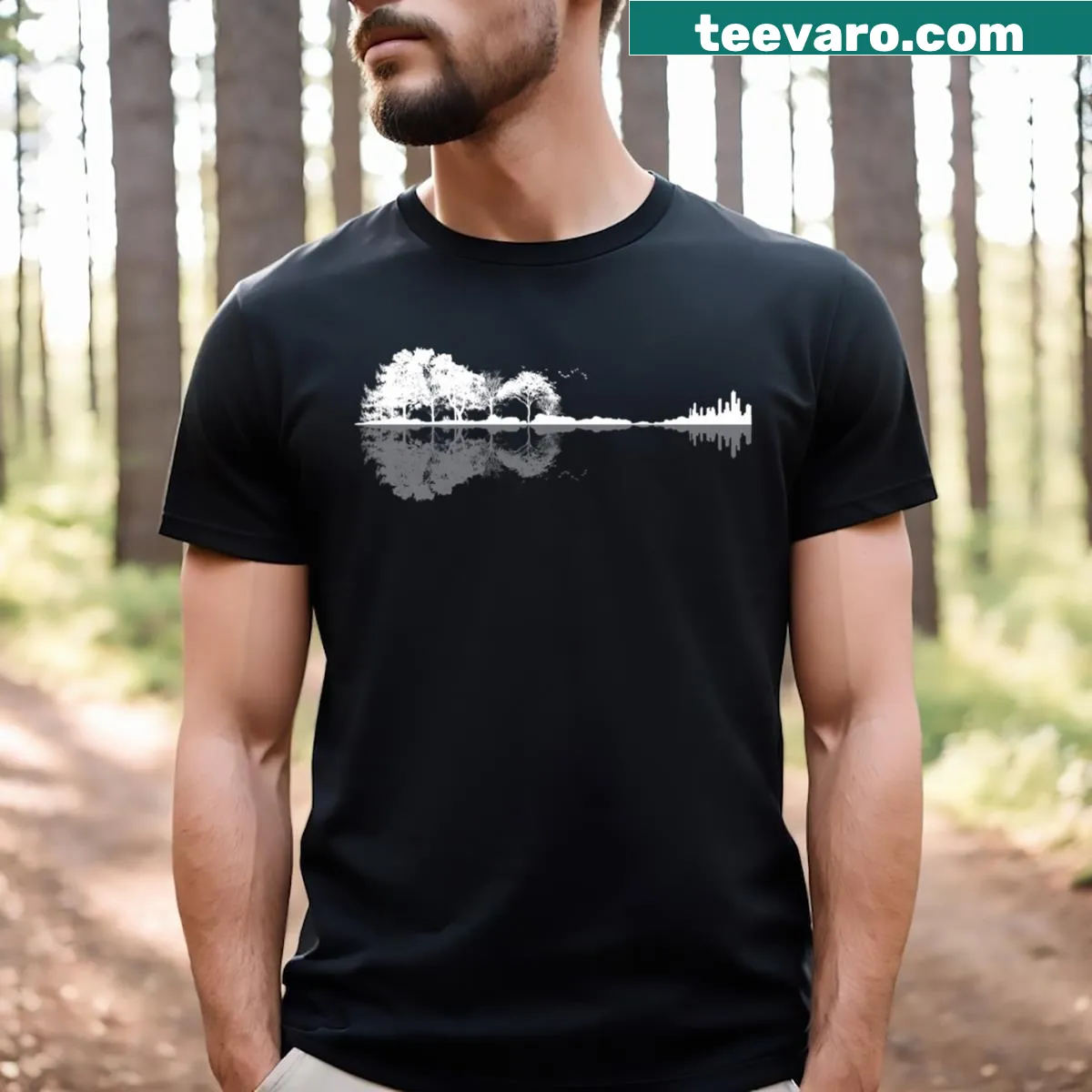 Illustration of a guitar surrounded by nature elements — on a men's t-shirt