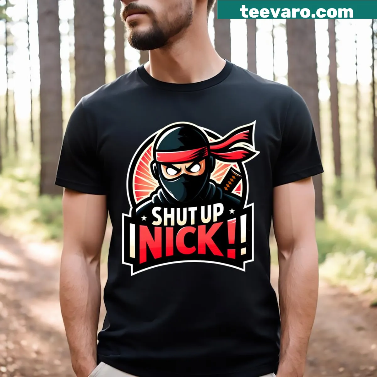 Sarcastic t-shirt with 'Ninja Tells Nick To Shut Up' text — on a men's t-shirt