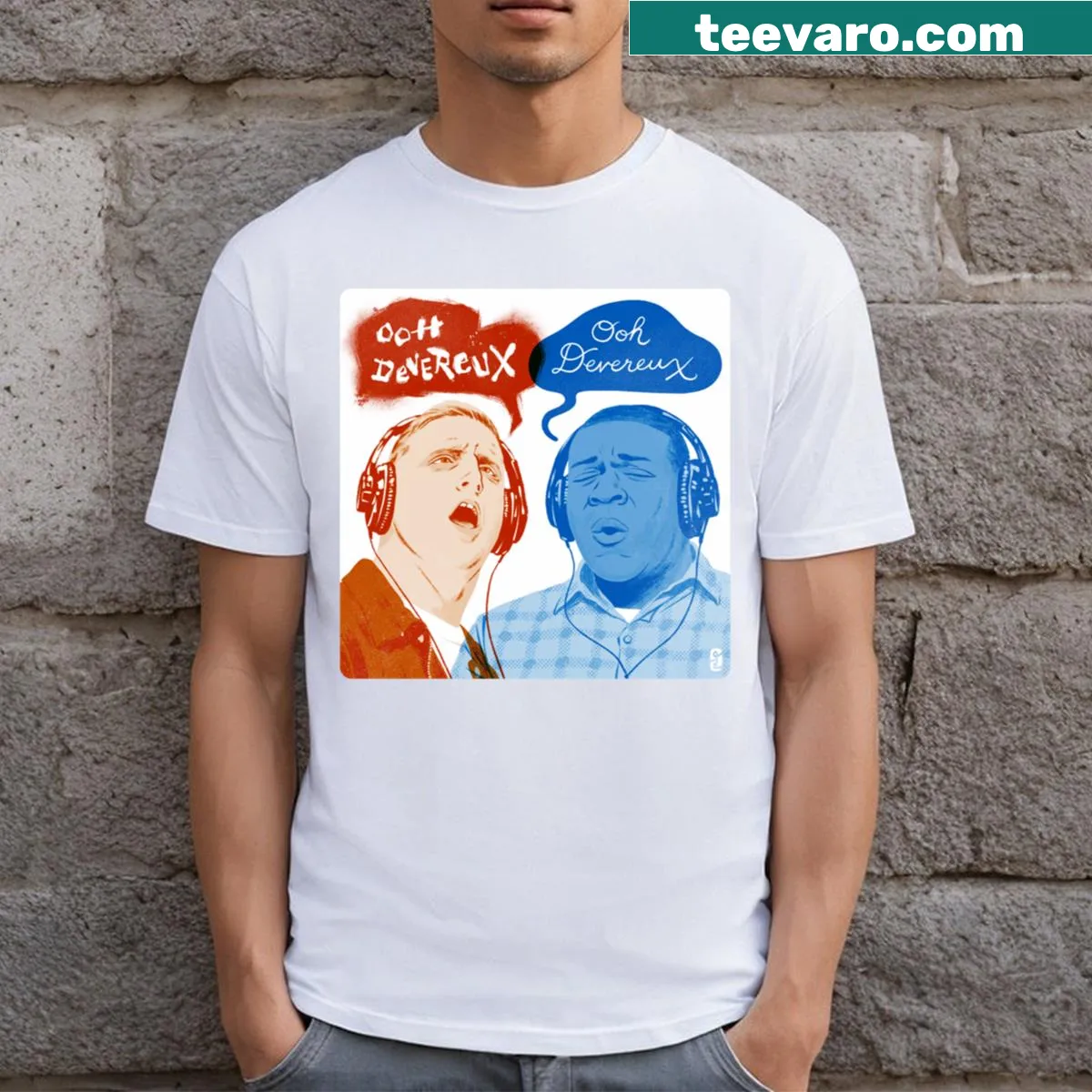 Minimalist typography t-shirt with 'Ooh Devereux' text — on a men's t-shirt