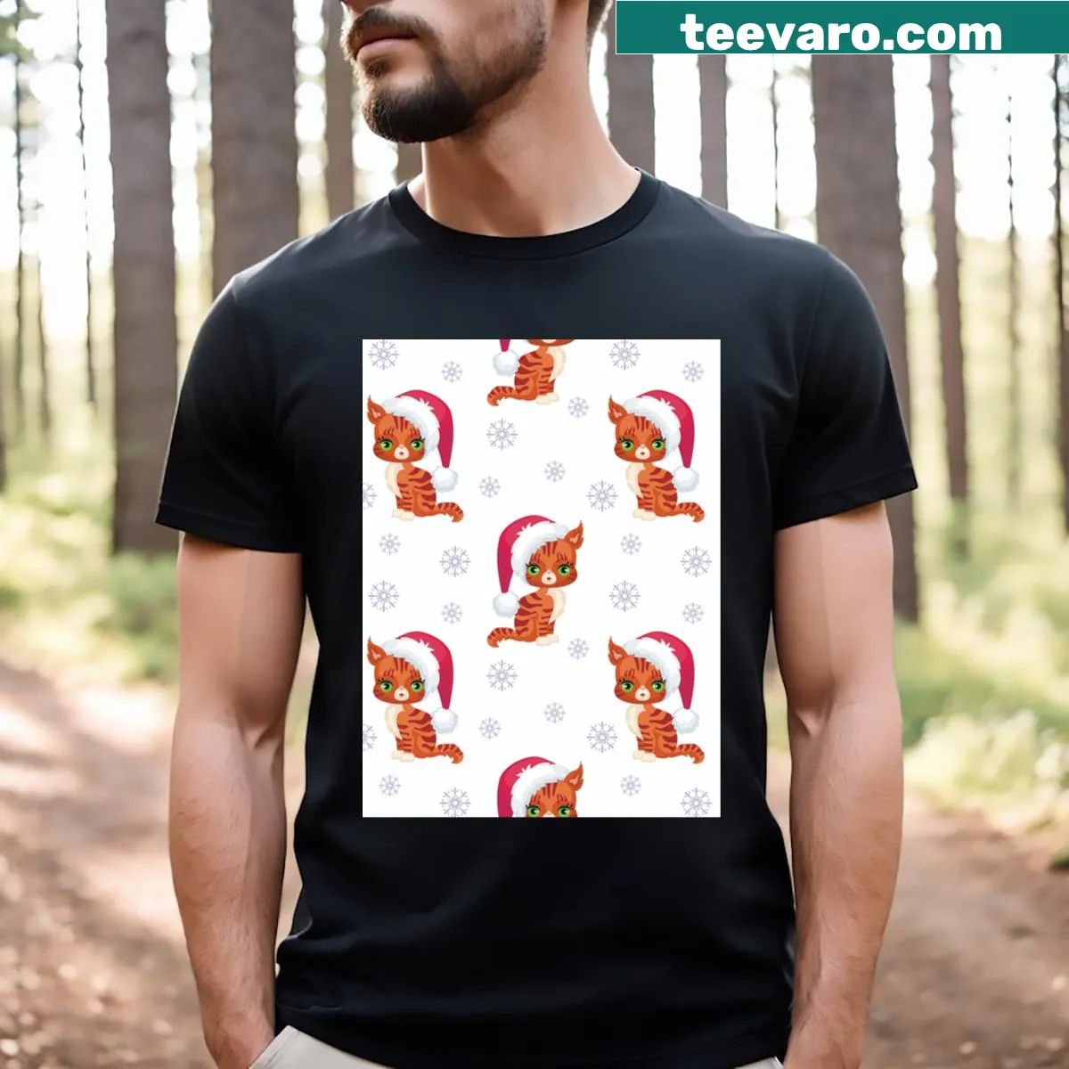 Christmas kitten wearing a hat graphic T-shirt design. — on a men's t-shirt