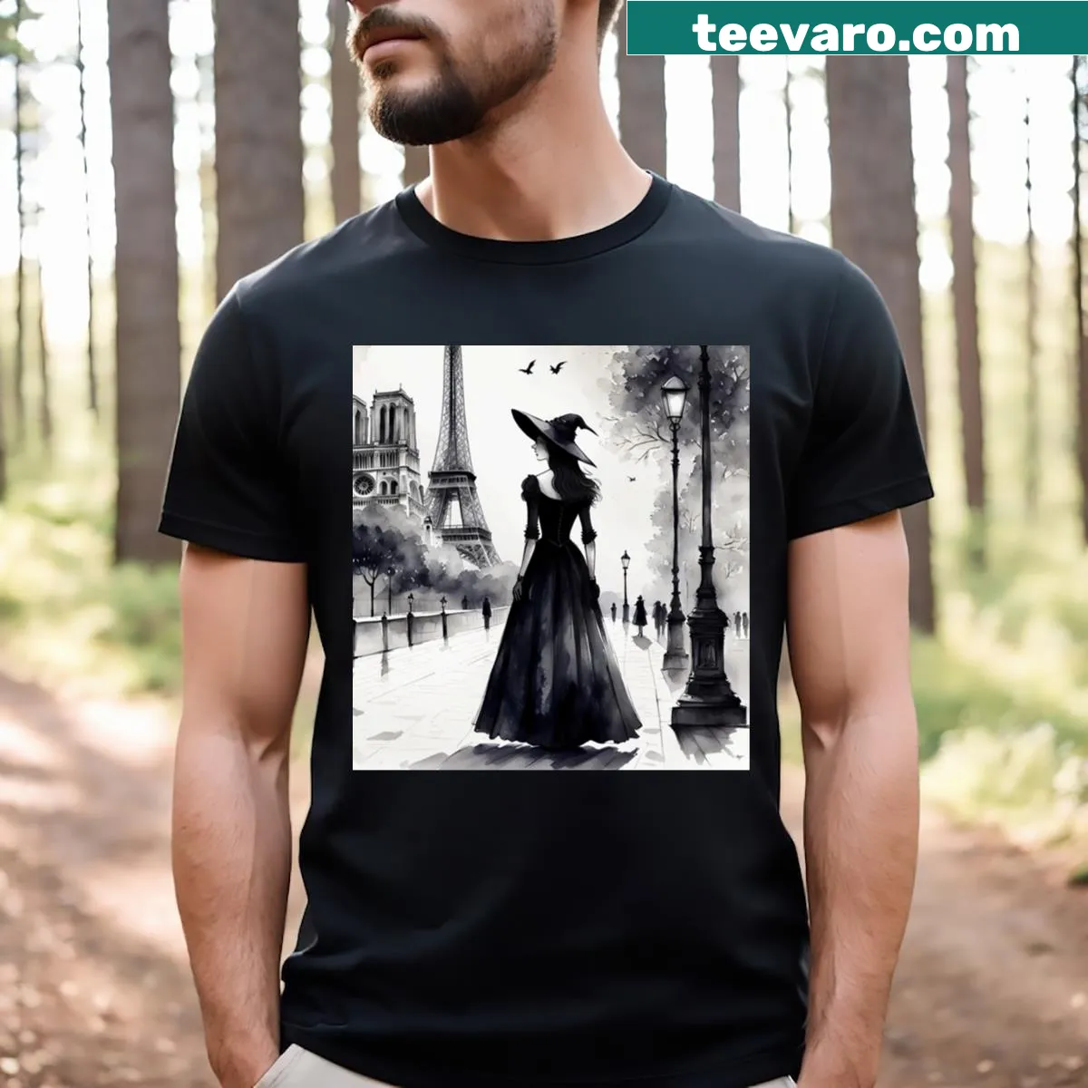 Parisian Gothic T-shirt with intricate design. — on a men's t-shirt
