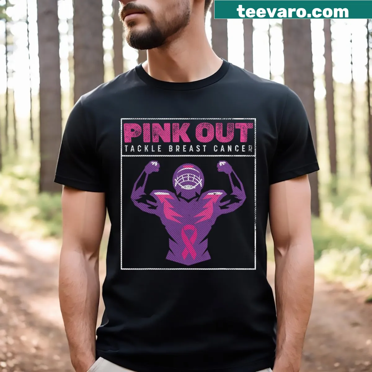 Pink Out Football T-shirt supporting breast cancer awareness — on a men's t-shirt