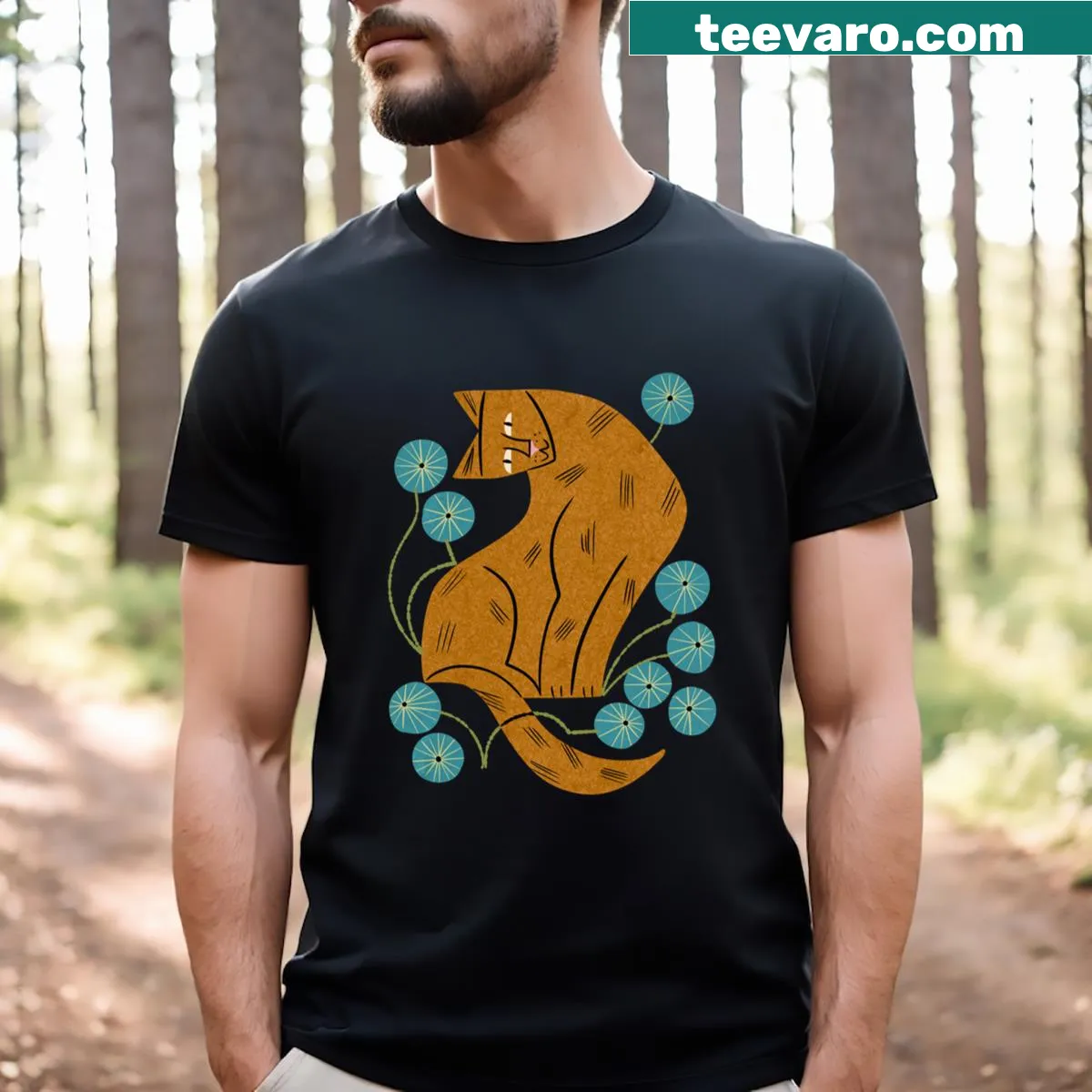 Illustration of a playful tabby cat among flowers on T-shirt — on a men's t-shirt