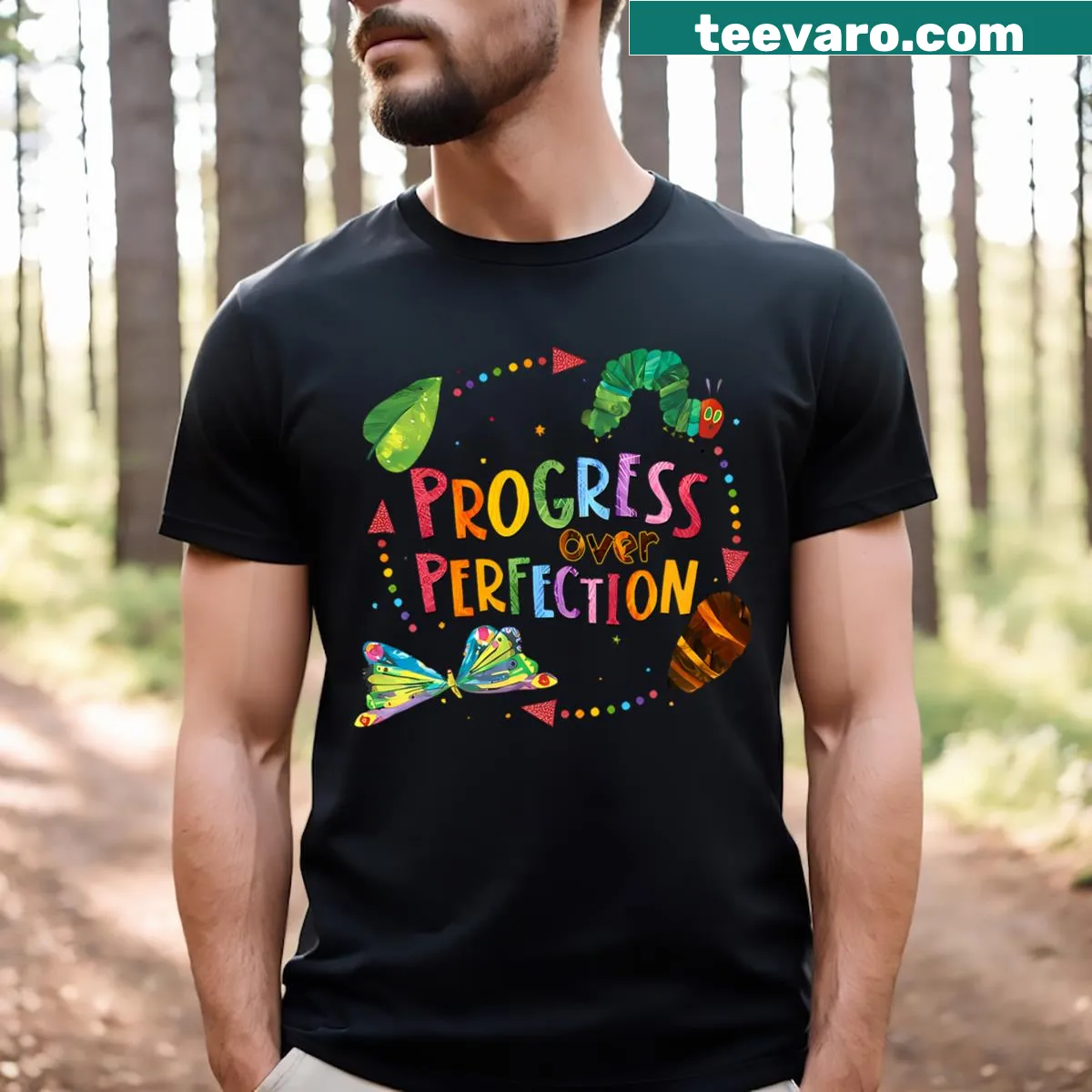 Teacher's T-shirt featuring the quote 'Progress Over Perfection' with a Hungry Caterpillar theme — on a men's t-shirt