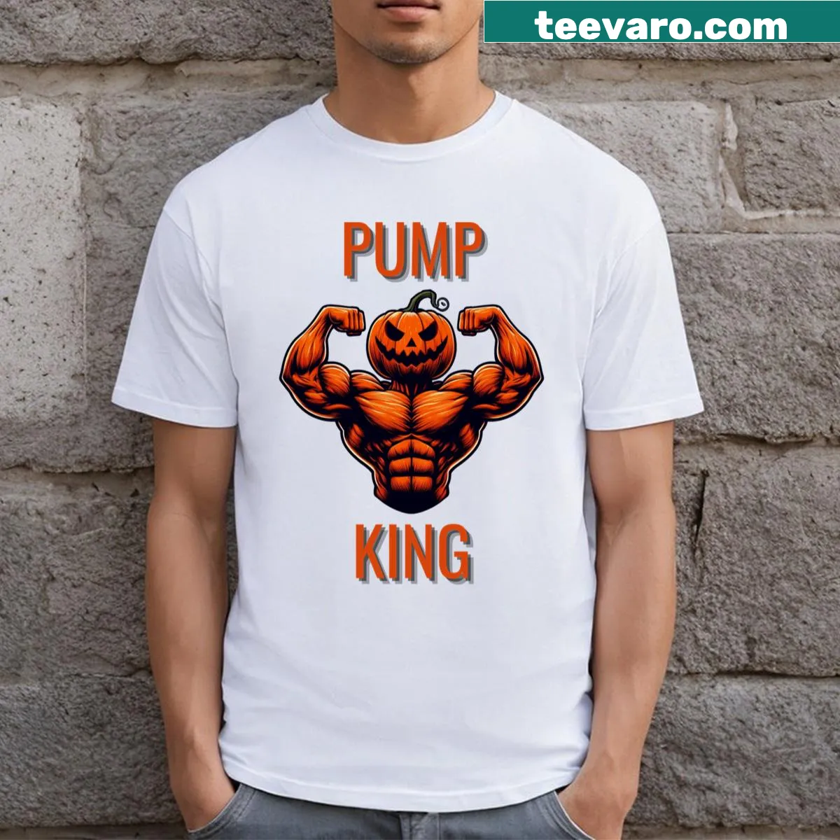 Funny Halloween workout T-shirt with 'Pump King' design — on a men's t-shirt