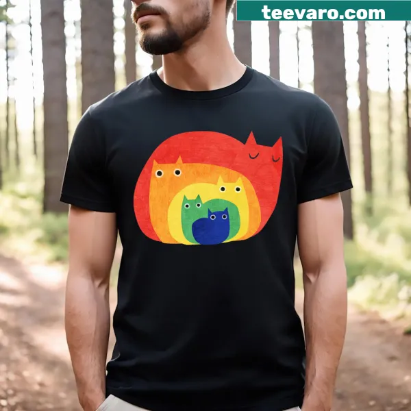 T-shirt with an illustration of colorful, playful rainbow cats