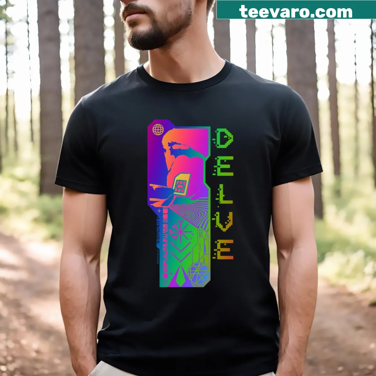 Graphic t-shirt with sacred geometry and colorful patterns — on a men's t-shirt