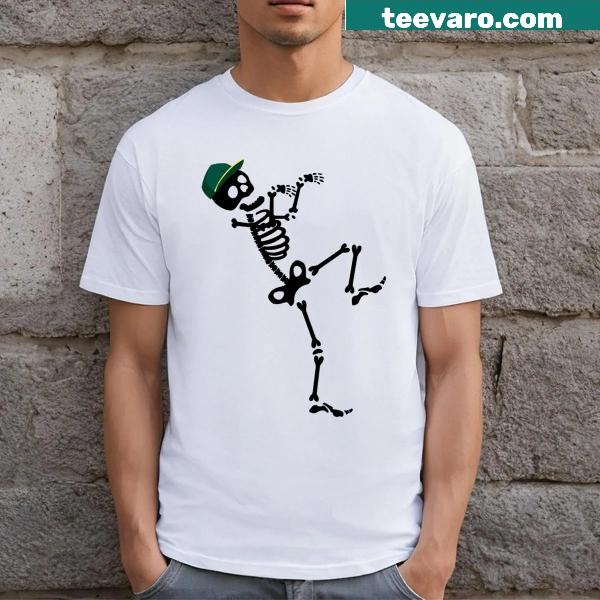 Halloween T-shirt featuring a dancing skeleton with a raygun illustration — on a men's t-shirt