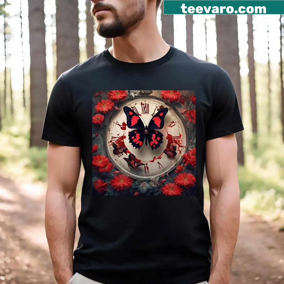 Illustrated T-shirt featuring a butterfly on a watch with floral accents — on a men's t-shirt