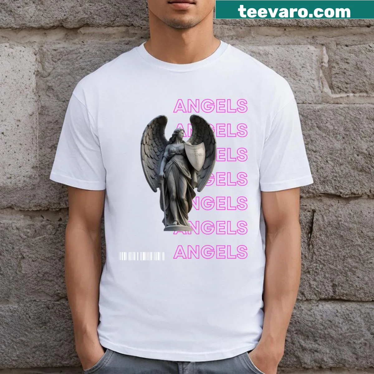 Minimalist T-shirt with a repeating angel pattern in pink — on a men's t-shirt