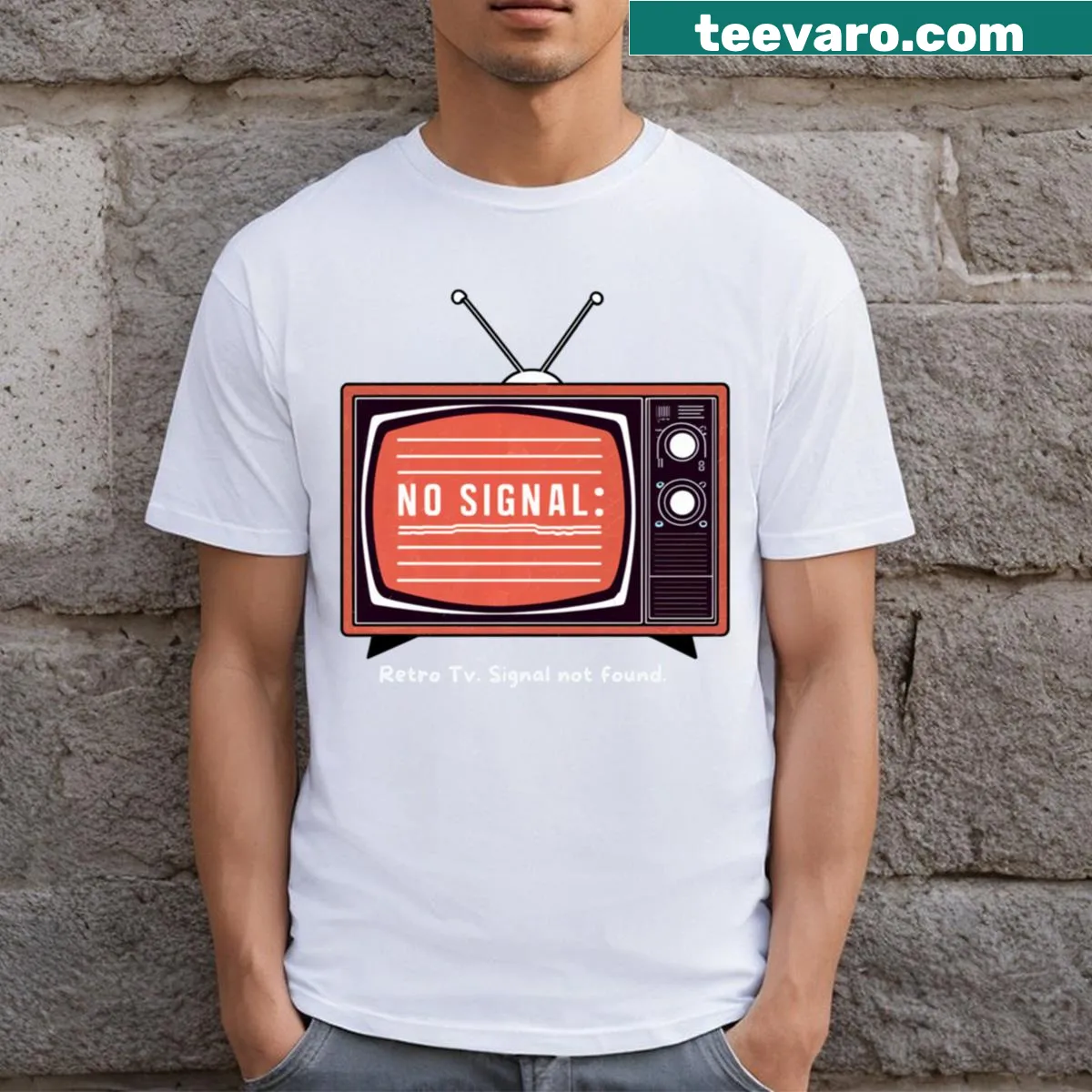 Retro T-shirt featuring a vintage TV signal graphic design — on a men's t-shirt