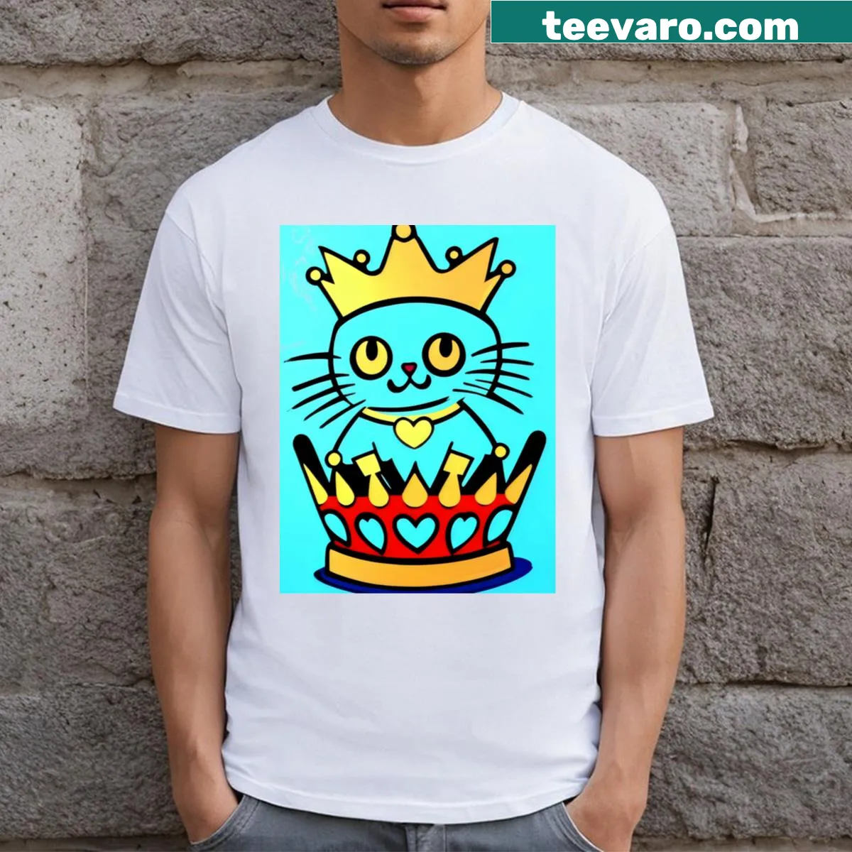 Cute pop art cat queen t-shirt with golden crown — on a men's t-shirt