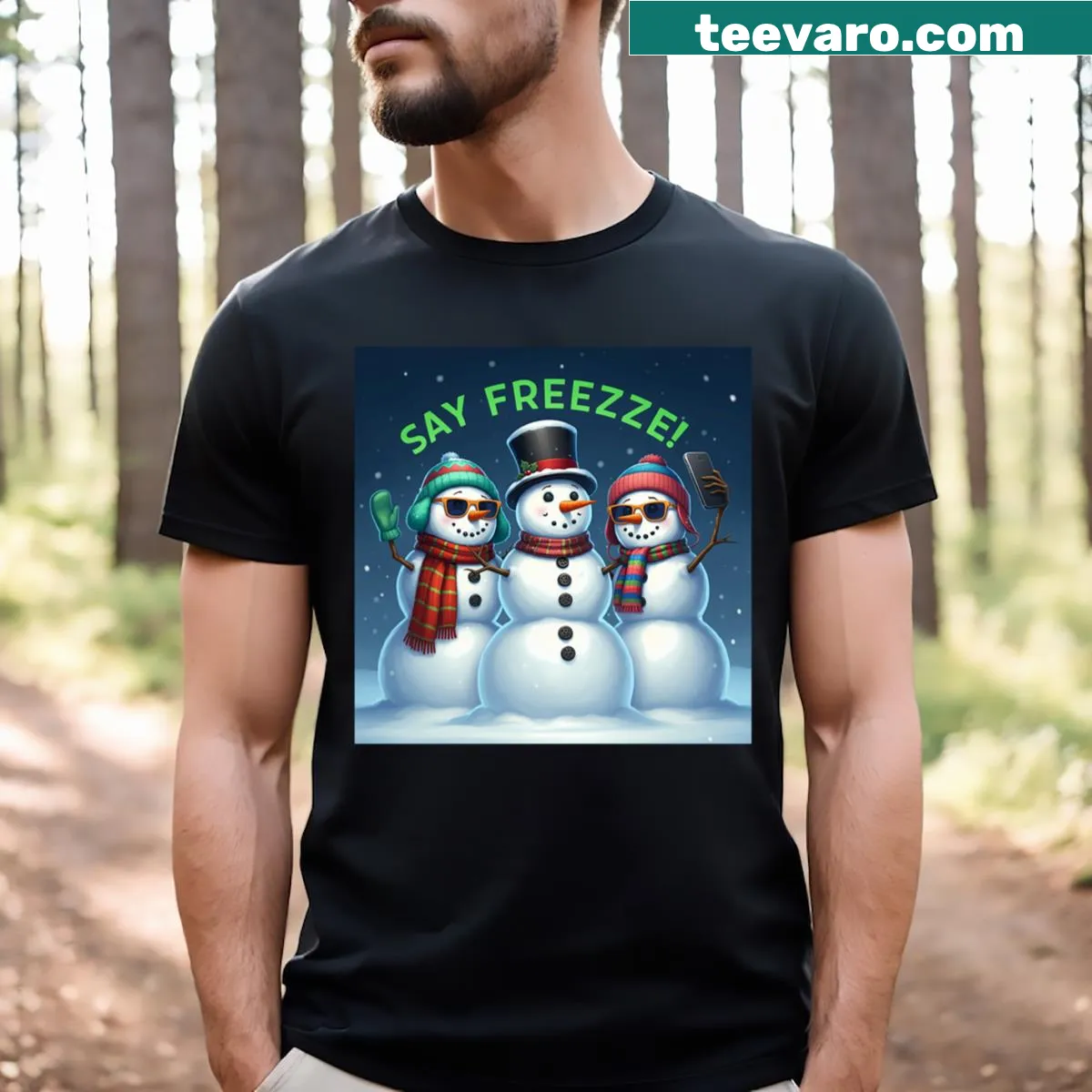Cartoon snowman selfie graphic on a festive t-shirt — on a men's t-shirt