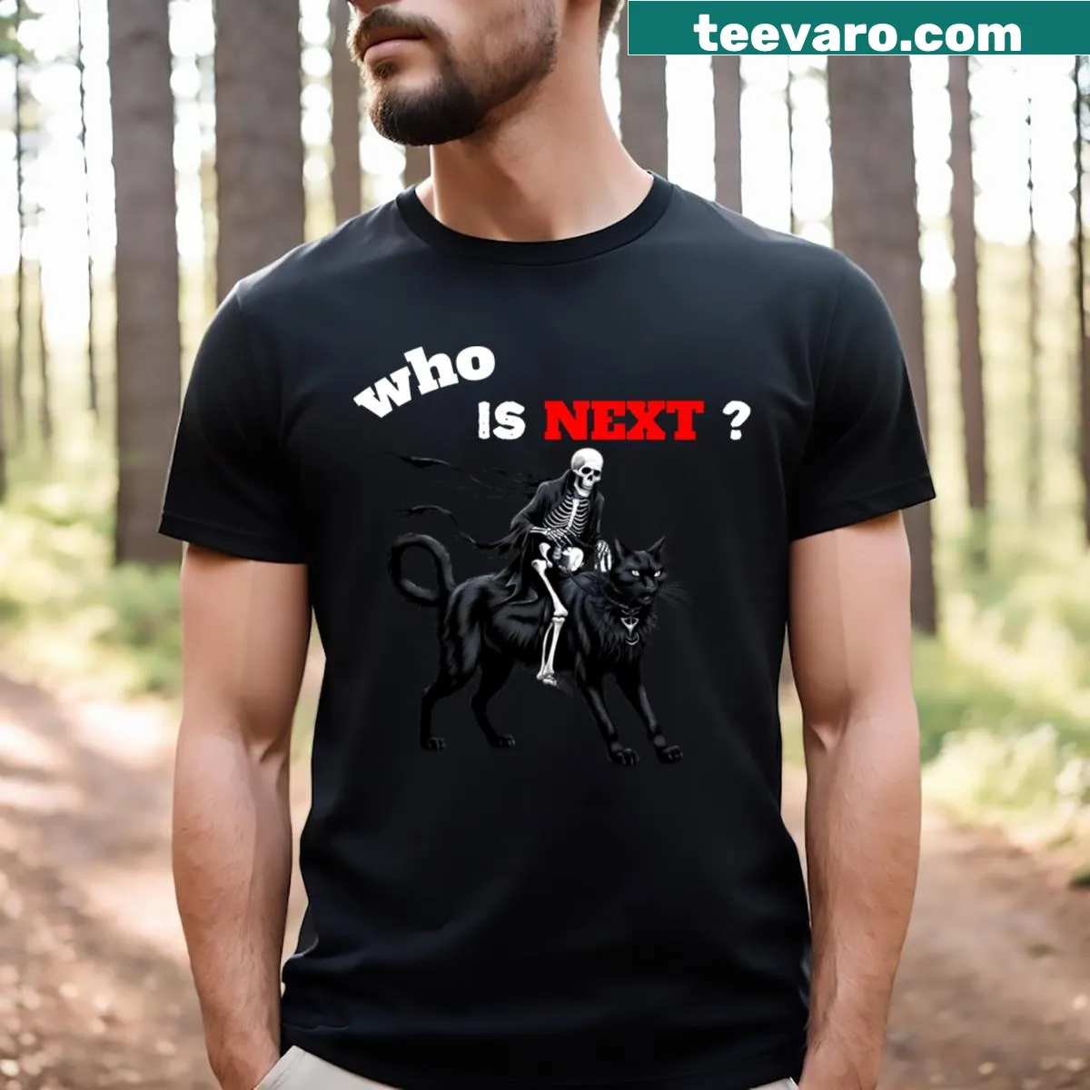Cartoon design of skeleton cats riding on a Halloween t-shirt — on a men's t-shirt