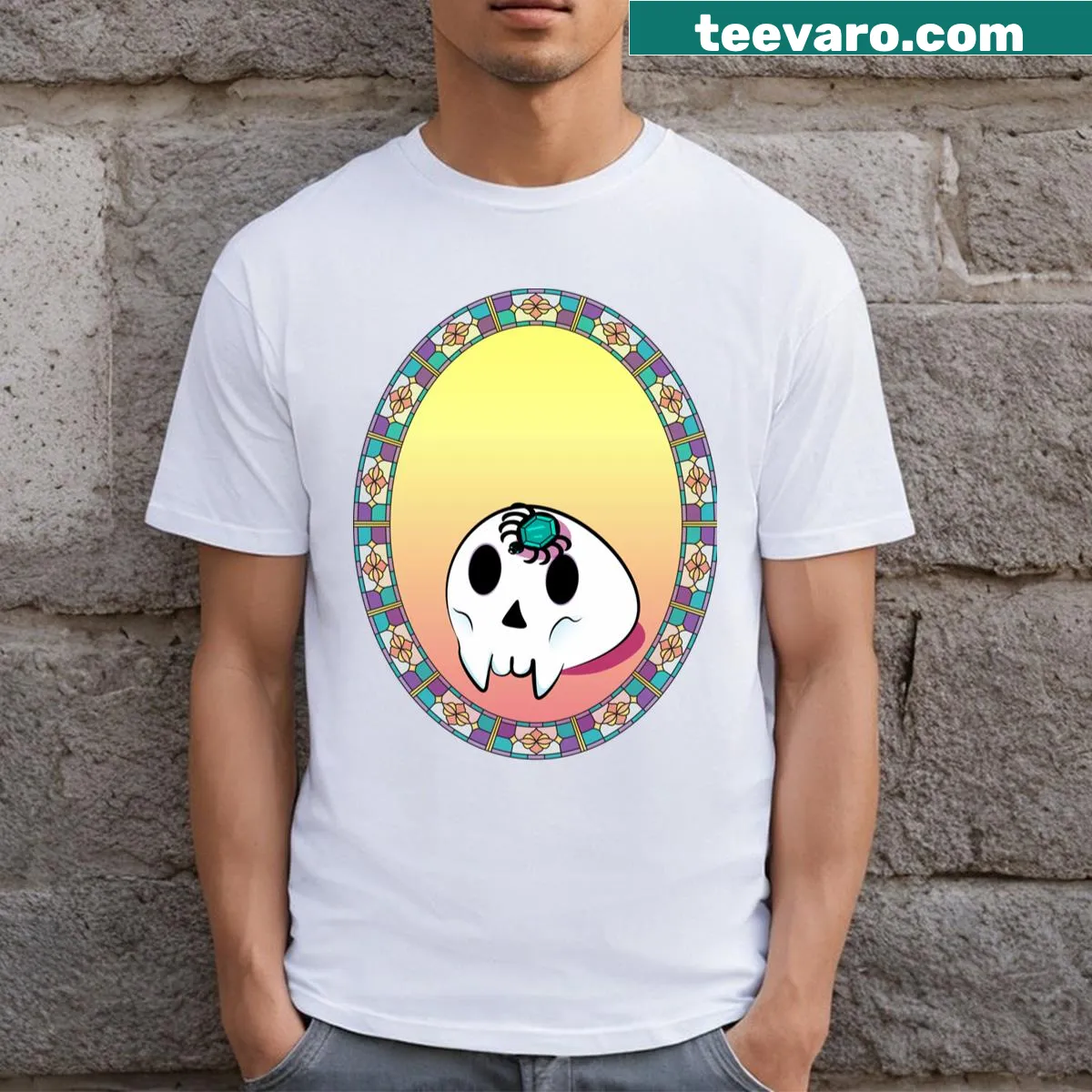 T-shirt featuring a skull design with a jewel spider — on a men's t-shirt
