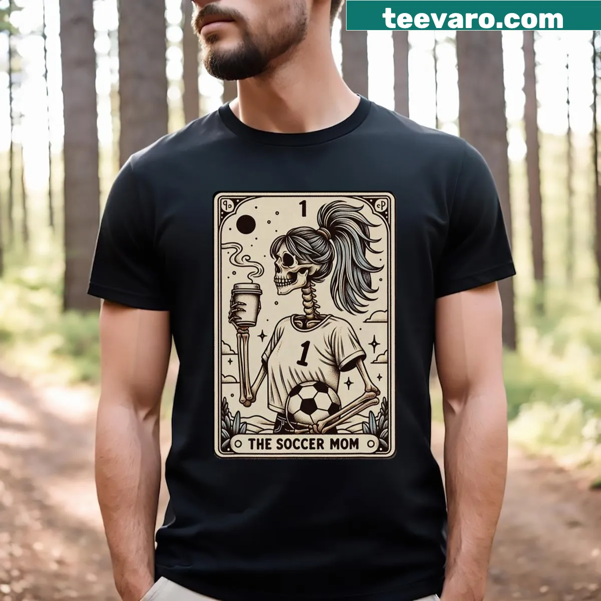 Vintage Halloween Soccer Mom t-shirt with tarot card design — on a men's t-shirt