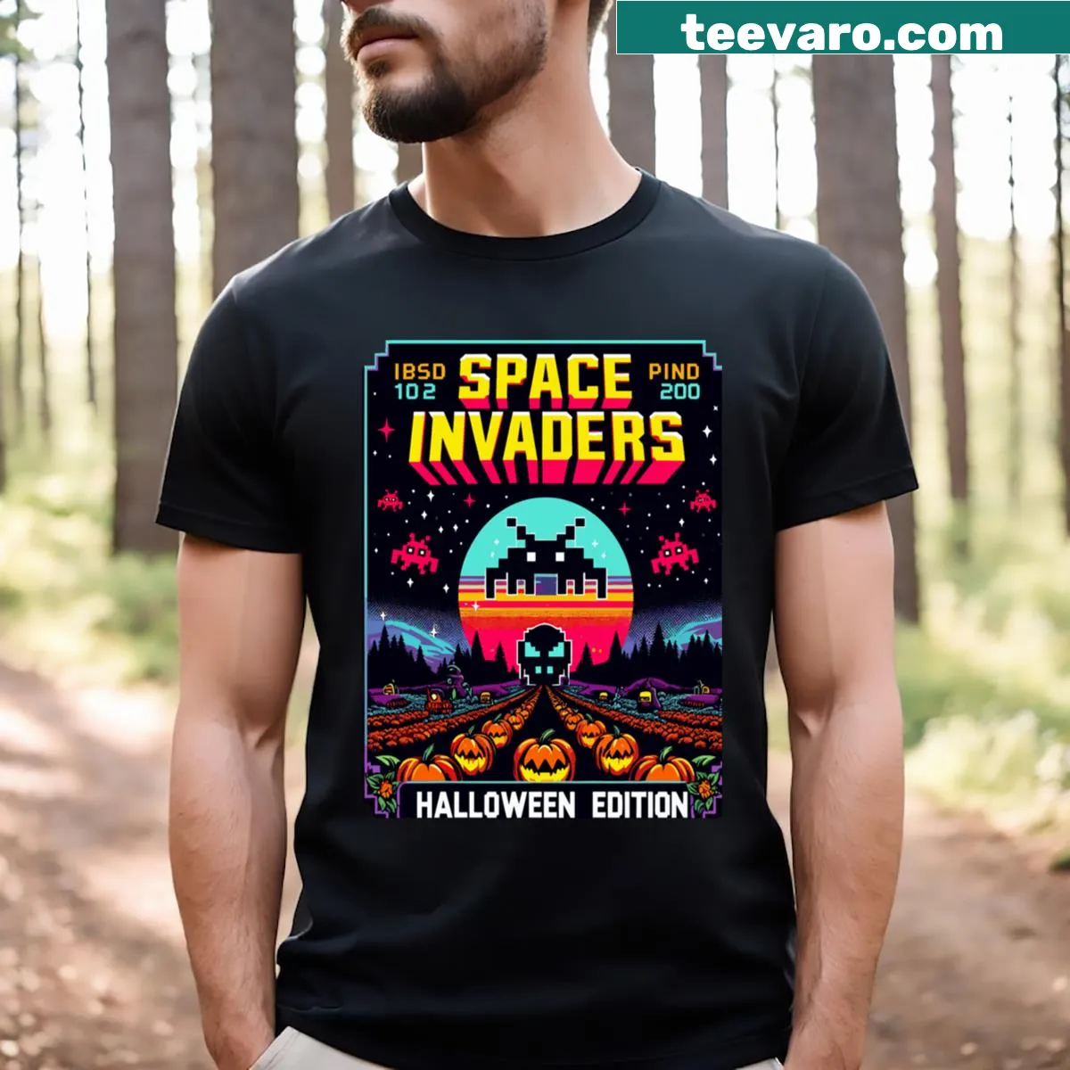 Retro Halloween gaming t-shirt featuring Space Invaders graphics — on a men's t-shirt