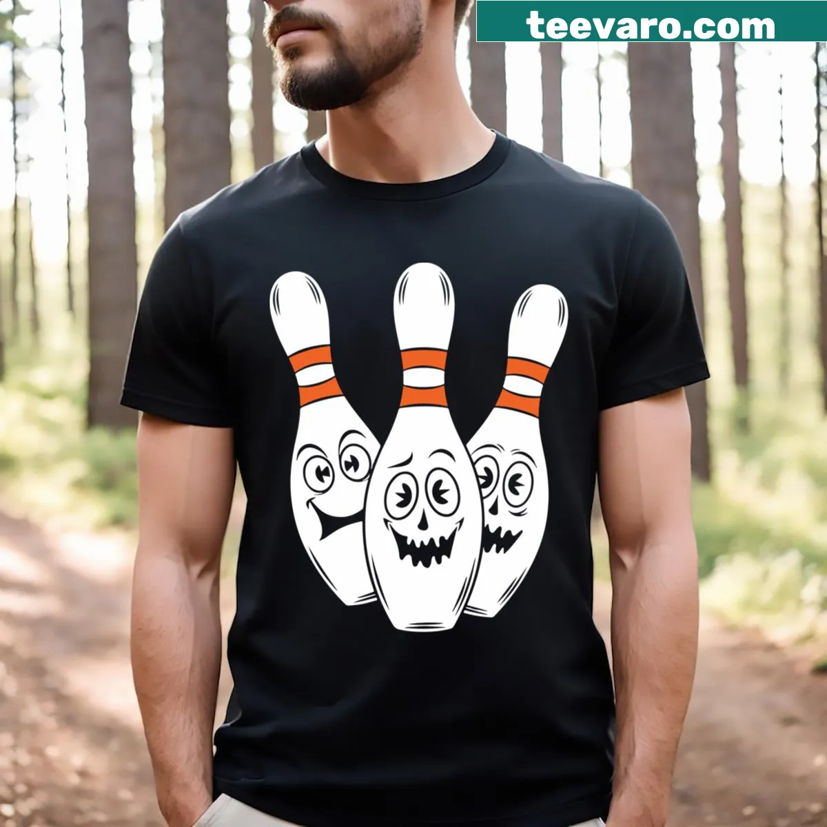 Vintage distressed Halloween bowling t-shirt with playful graphics — on a men's t-shirt