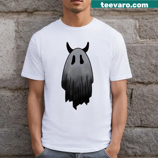 Cute Halloween-themed t-shirt featuring a spooky horned ghost