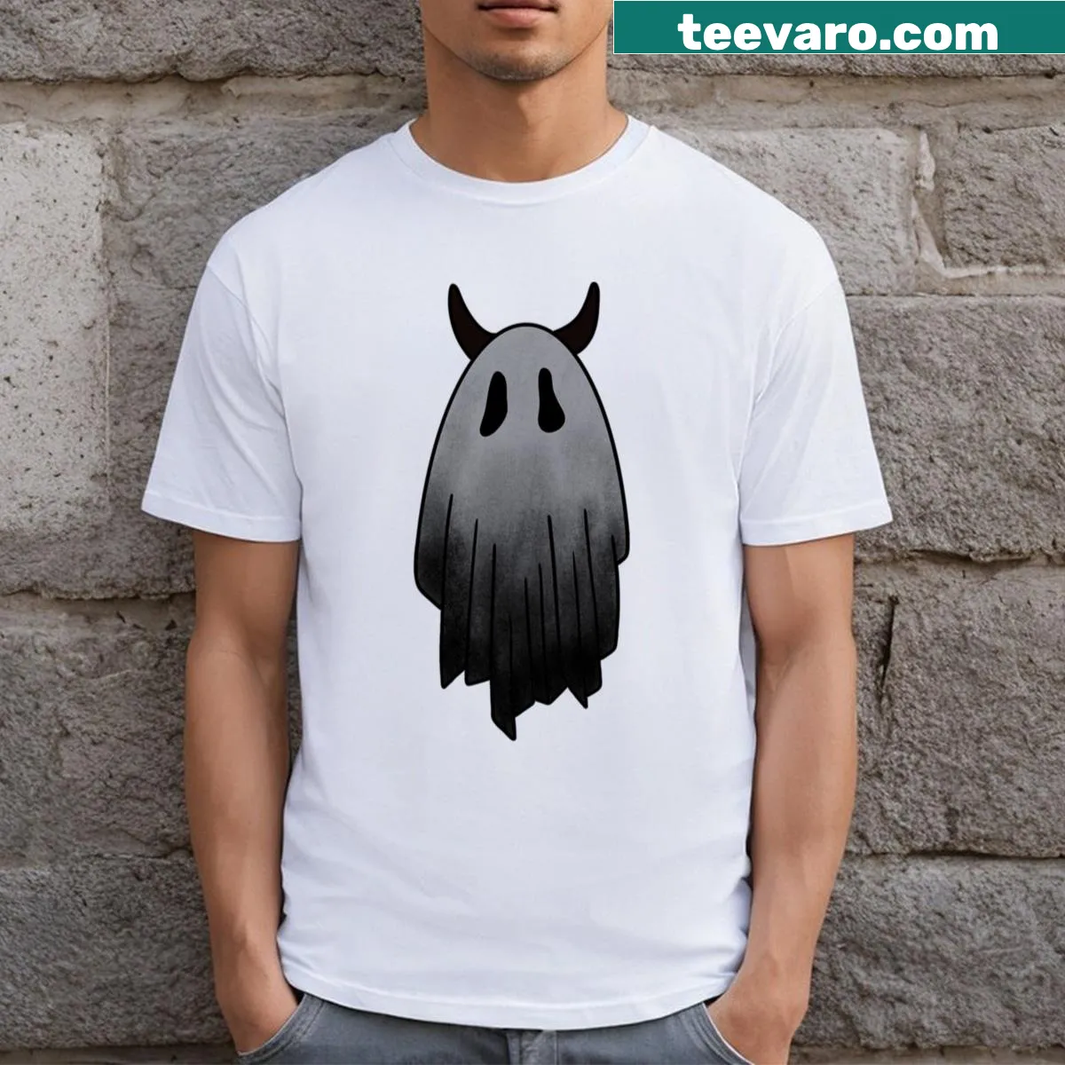 Cute Halloween-themed t-shirt featuring a spooky horned ghost — on a men's t-shirt