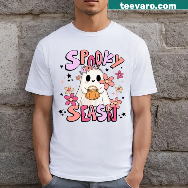 Retro groovy Halloween t-shirt featuring a playful ghost for girls