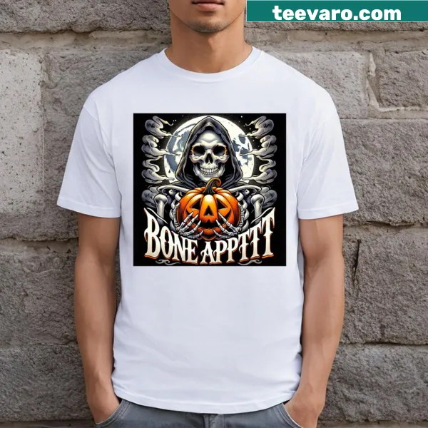 Playful Halloween t-shirt featuring a skeleton and pumpkin illustration