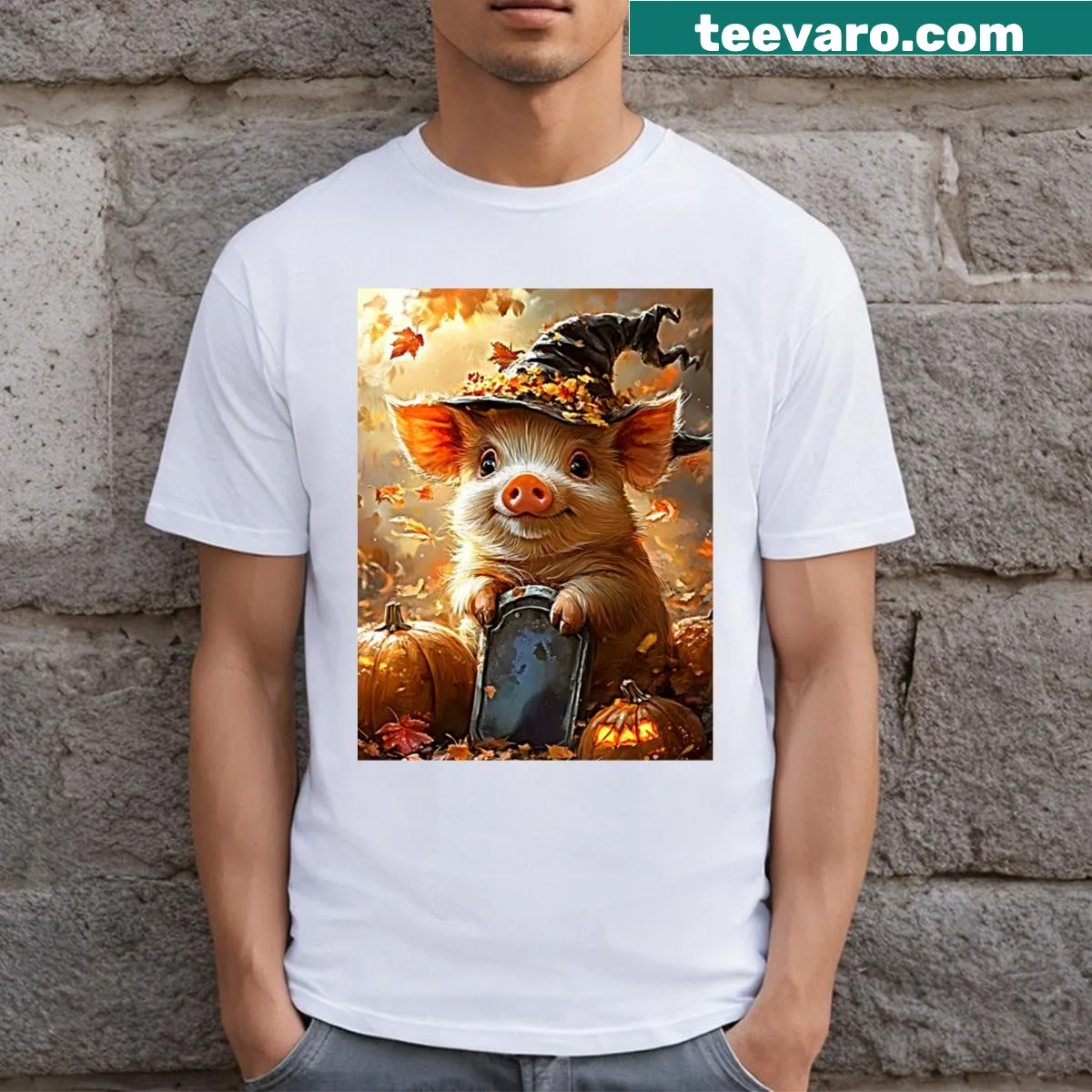 Cute Halloween t-shirt featuring a piglet in a witch hat — on a men's t-shirt