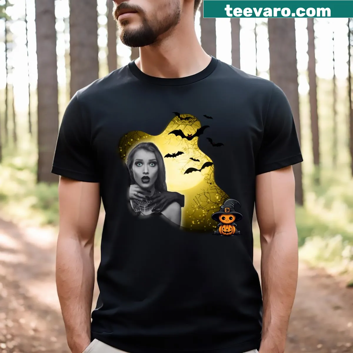 Halloween-themed t-shirt featuring shadowy illustrations and spooky design — on a men's t-shirt