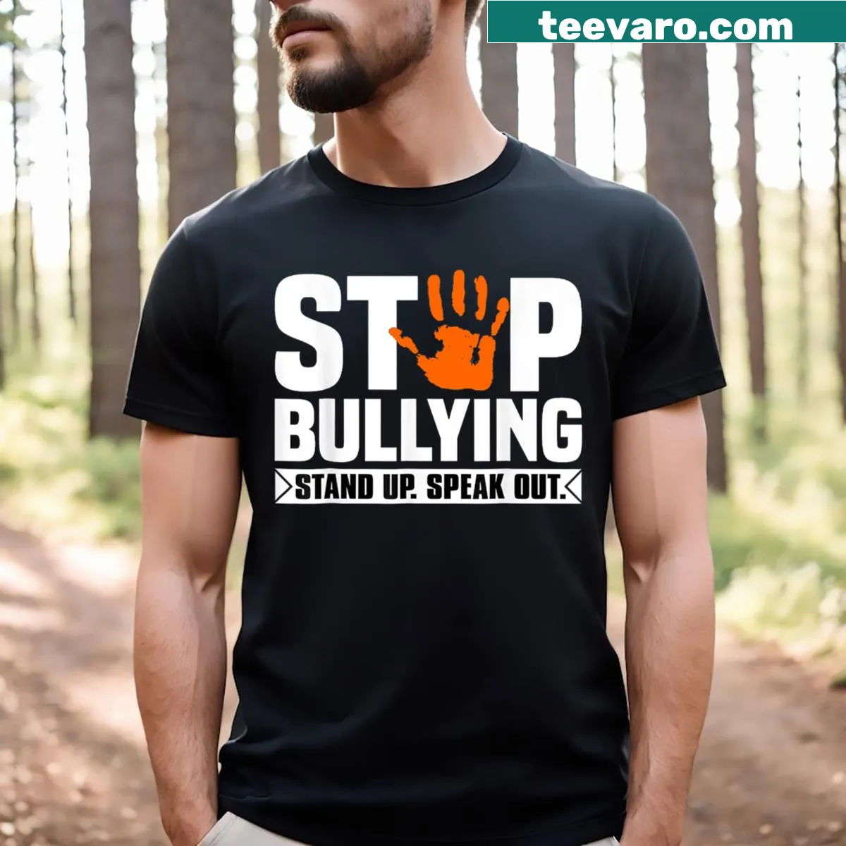 Unity Day t-shirt with the message Stop Bullying in bold text — on a men's t-shirt
