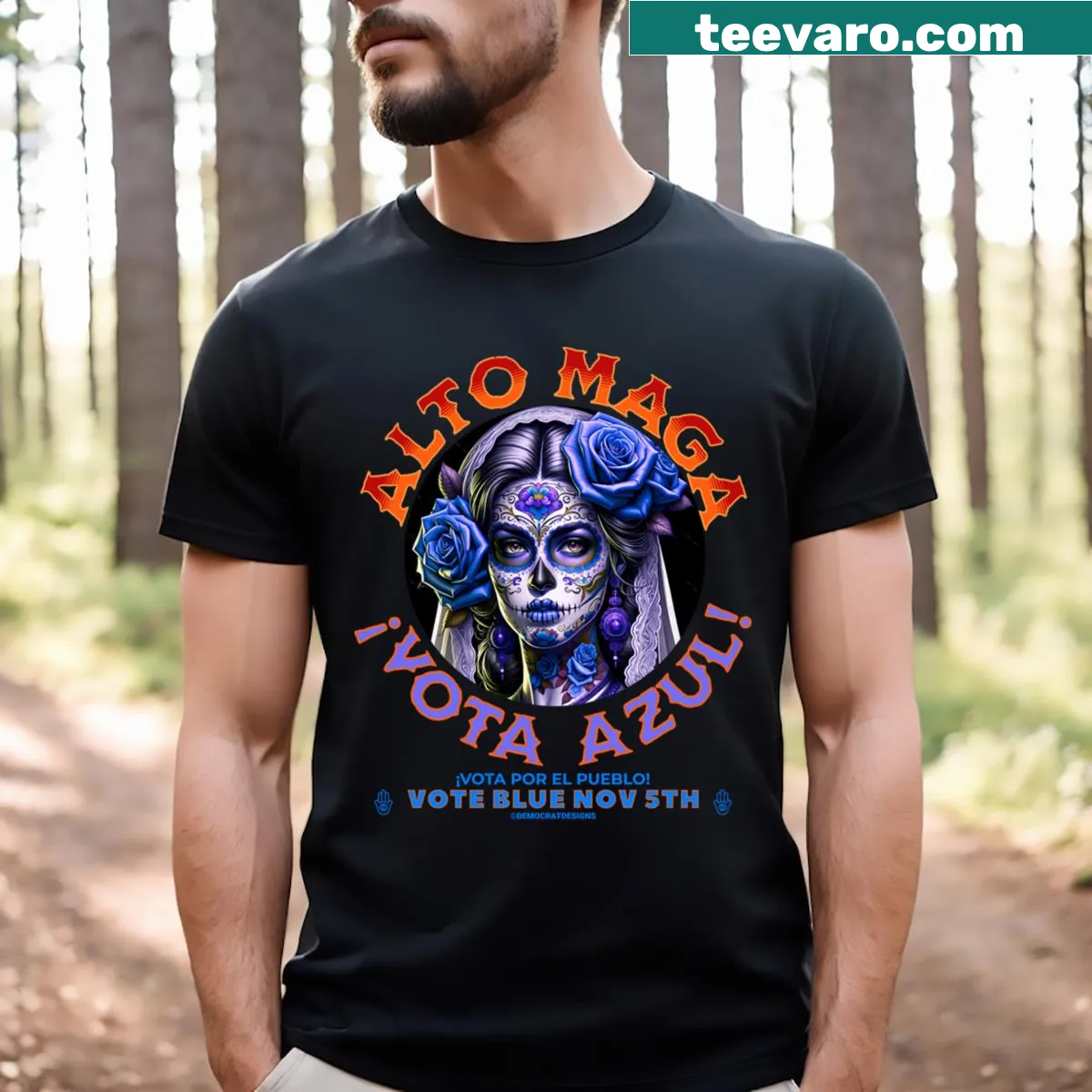 T-shirt featuring a Latina figure design with Day of the Dead motifs — on a men's t-shirt