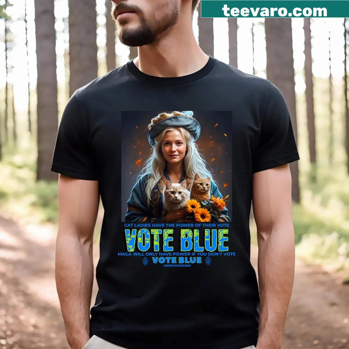Charming Halloween T-shirt featuring a blue witch and flowers with a cat — on a men's t-shirt