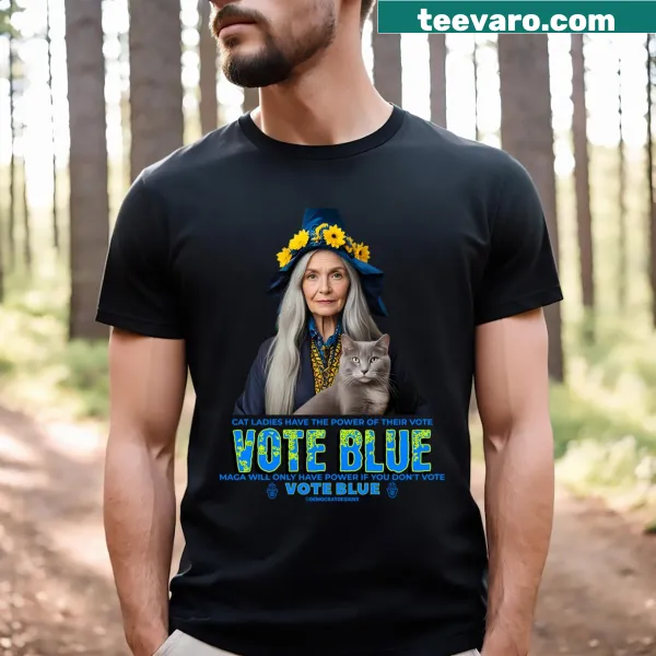 Charming Halloween-themed T-shirt with blue witch and cats
