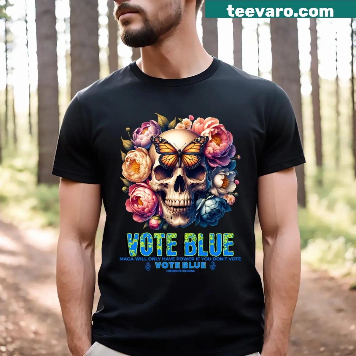 Striking skull design with flowers for Halloween — on a men's t-shirt