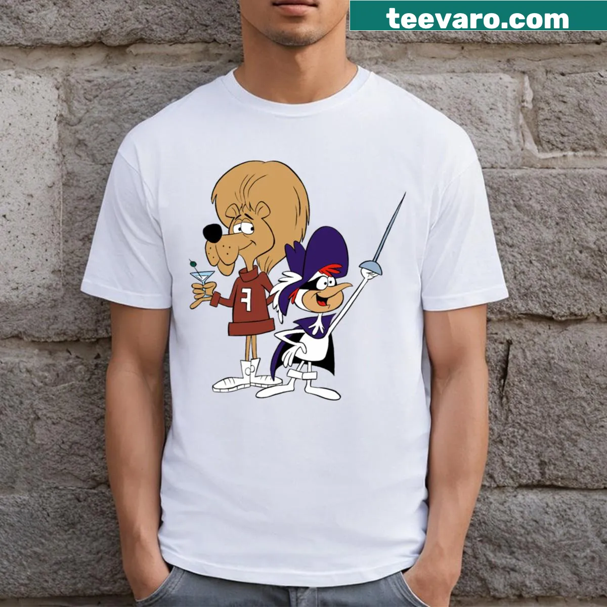 Playful cartoon Super Chicken and Fred design — on a men's t-shirt