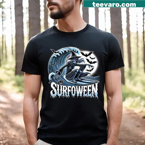 Playful Halloween T-shirt with 'Surf's Up Witches!' design